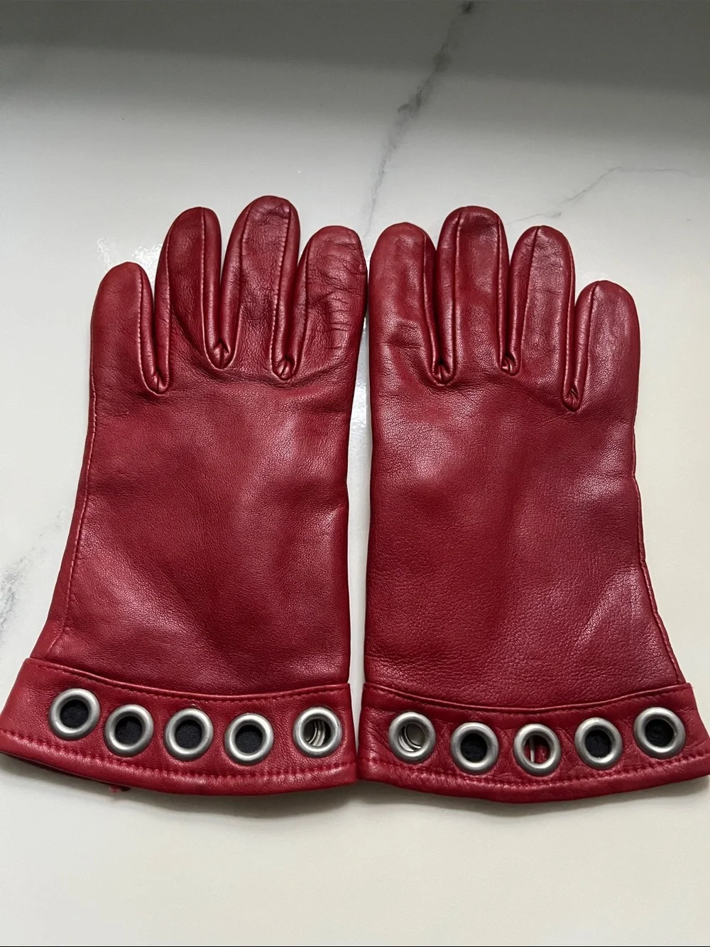 Women’s Red Leather Gloves with Grommet Detail